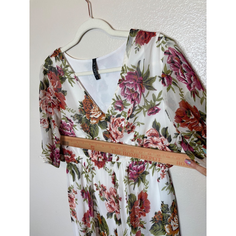 Lapis Womens Floral Maxi Dress White Red Rose V-Neck Elastic Waist Size Large - Picture 6 of 8